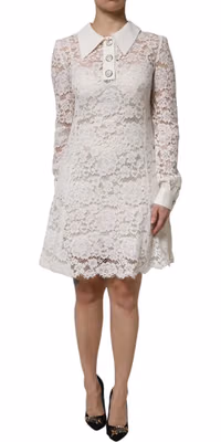 White Floral Lace Viscose Collared Mini Dress