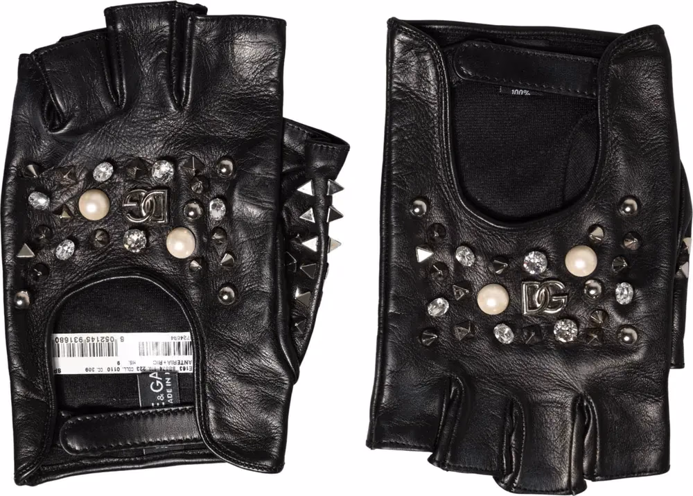 Black Embellished Wrist Length Mitten Women Gloves