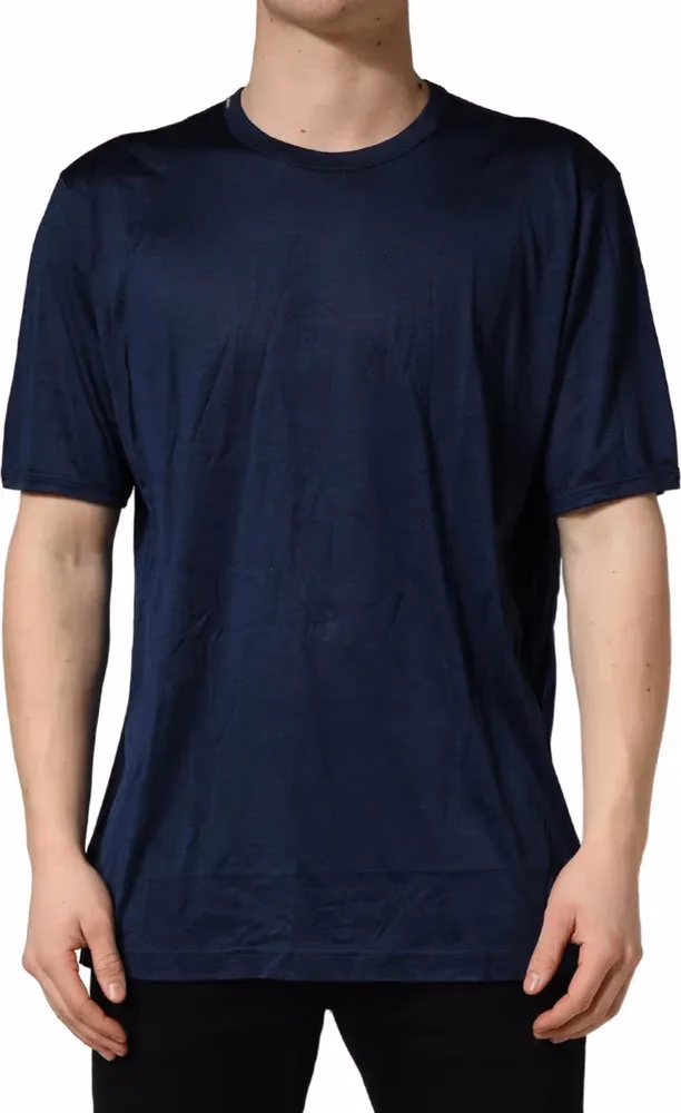 Dark Blue Silk Short Sleeve CrewNeck T-shirt