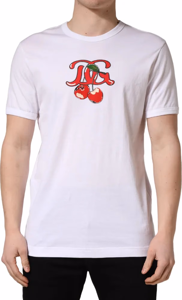White DG Cherries Cotton Crew Neck T-shirt