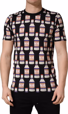 Black Bottle Print Cotton Crew Neck  T-shirt