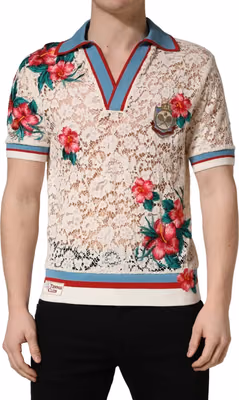 Beige Floral Tennis Club Lace Polo T-shirt
