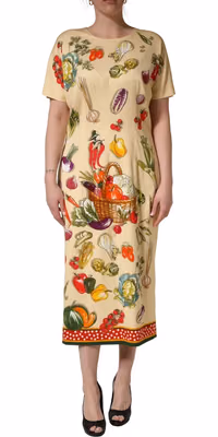Beige Fruit PolkaDot Sheath Silk Midi Dress