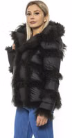 Black Poly Jacket with Lamb Fur Hood for Women 2