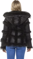 Black Poly Jacket with Lamb Fur Hood for Women 3
