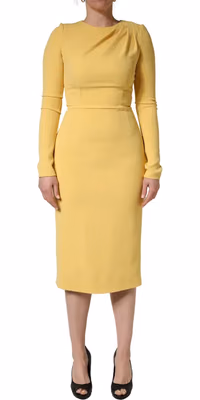Yellow Silk Long Sleeves Sheath Midi Dress