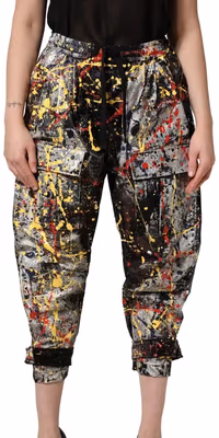 Black ColorSplash Effect Cargo Cropped Pants