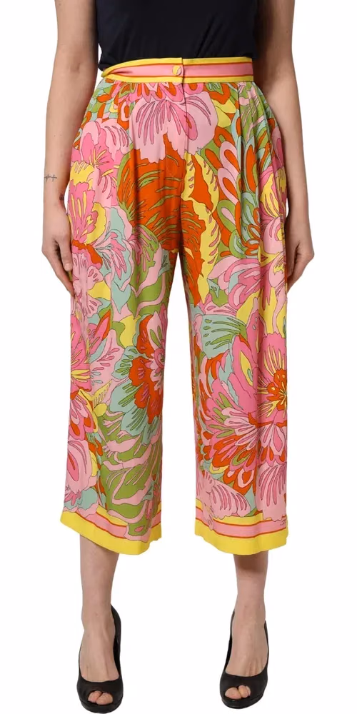 Multicolor FloralPrint Cropped Trouser Pants