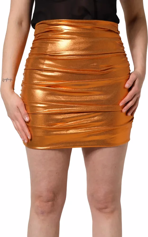 Metallic Orange Ruched Lame Bodycon Mini Skirt
