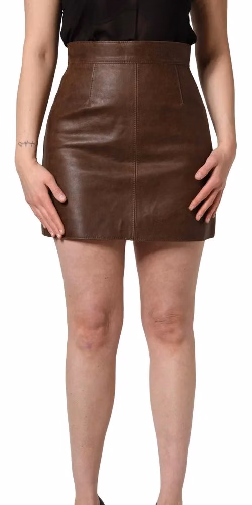 Brown Leather High Waist Bodycon Mini Skirt