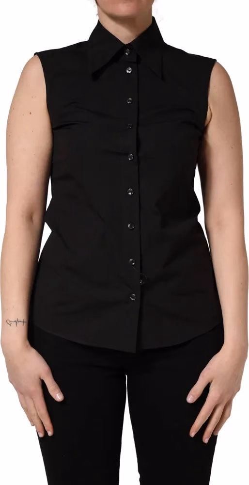 Black Cotton Sleeveless Collared Blouse Top