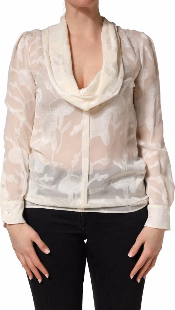 Off White Floral Semi Sheer Silk Blouse Top