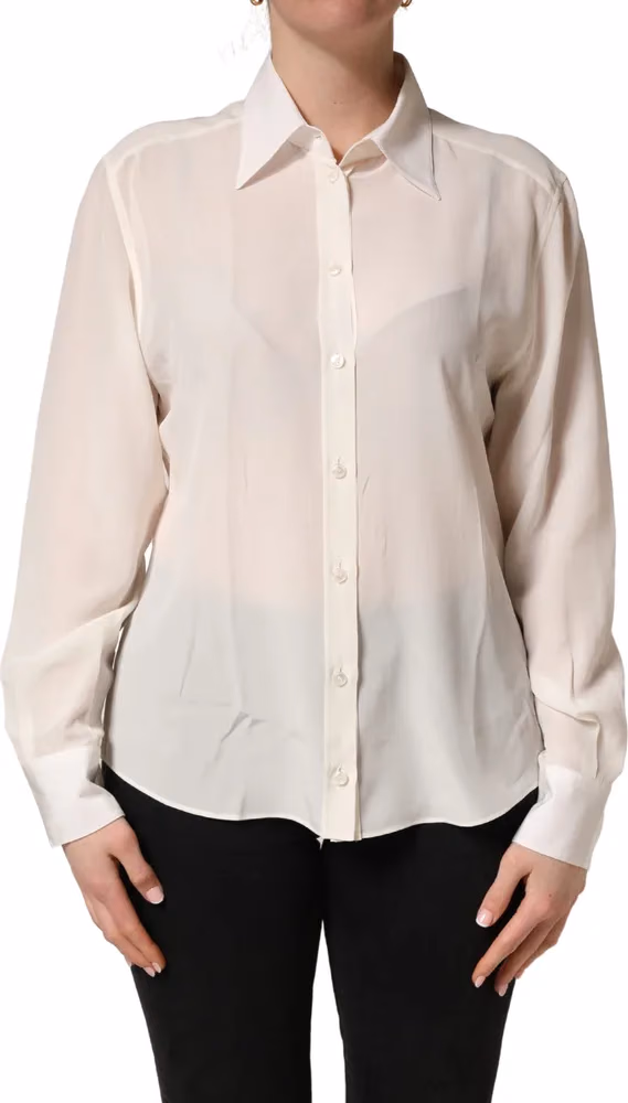 Off White Collared Long Sleeves Blouse Top