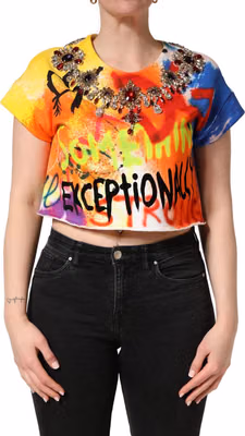 Multicolor Graffiti Crystals Crop Jersey Top
