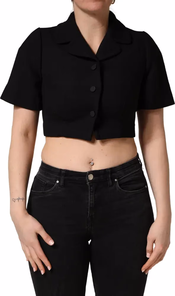 Black Collared Short Sleeves Cropped Blouse Top