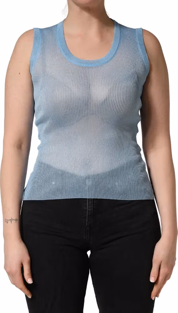 Blue Semi Sheer Ribbed Sleeveless Tank Top