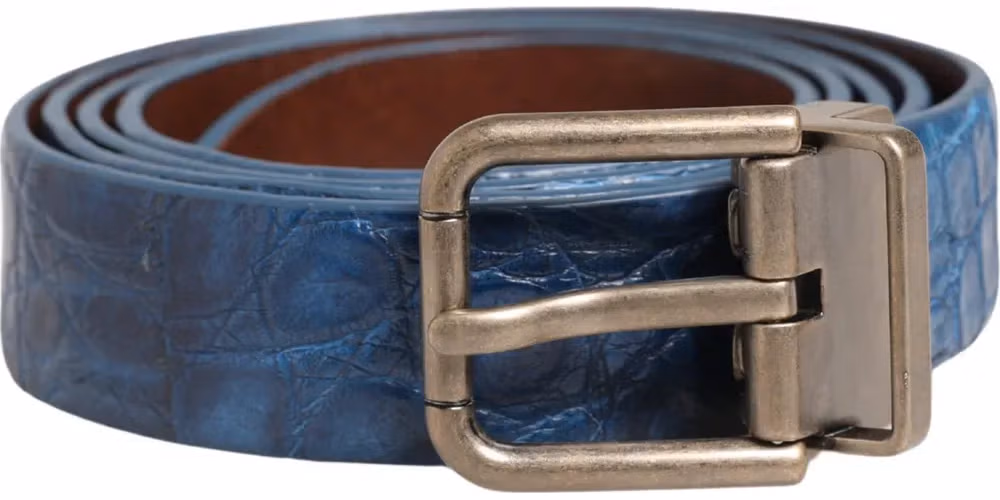 Navy Blue Leather Gold Tone Metal Buckle Belt