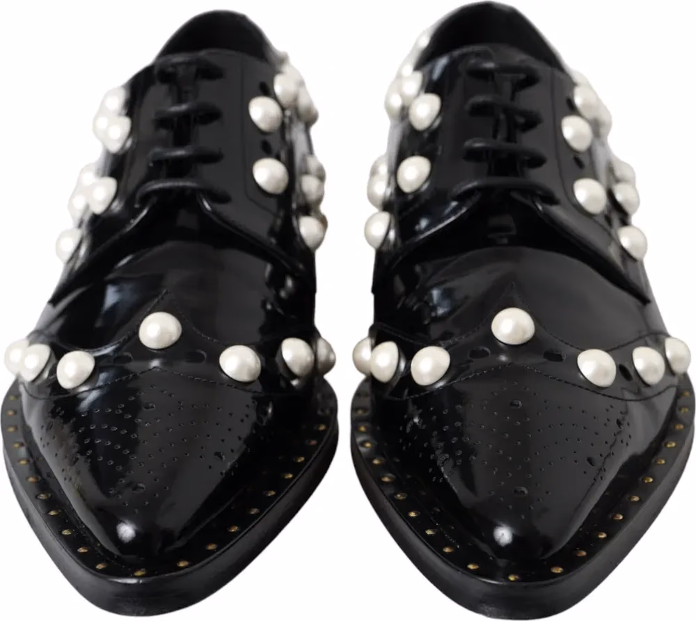 Black Leather Faux Pearl Dress Brogue Shoes