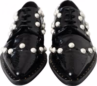 Black Leather Faux Pearl Dress Brogue Shoes 1