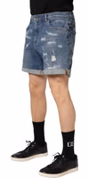 Blue Cotton Distressed Denim Bermuda Shorts 4