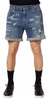 Blue Cotton Distressed Denim Bermuda Shorts 5