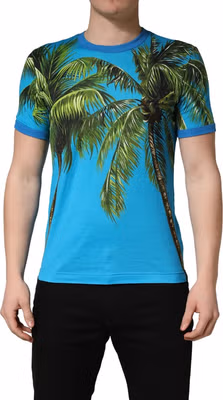 Blue Palm Tree Print Cotton CrewNeck T-shirt