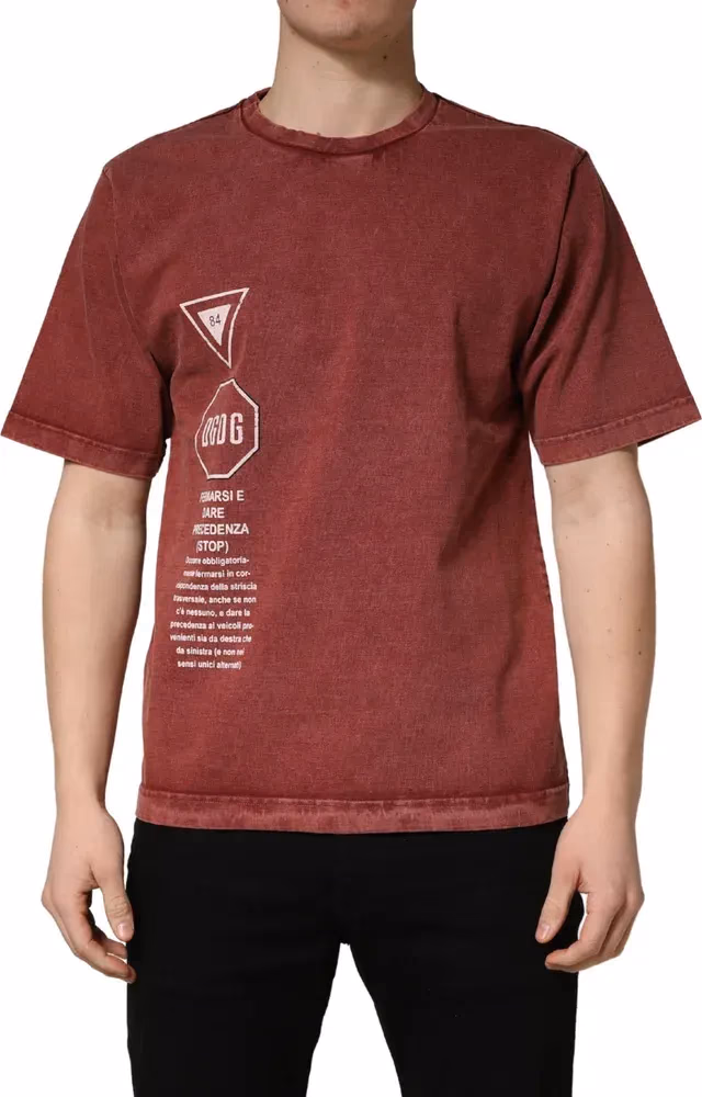 Maroon Print Round Neck Short Sleeve T-shirt