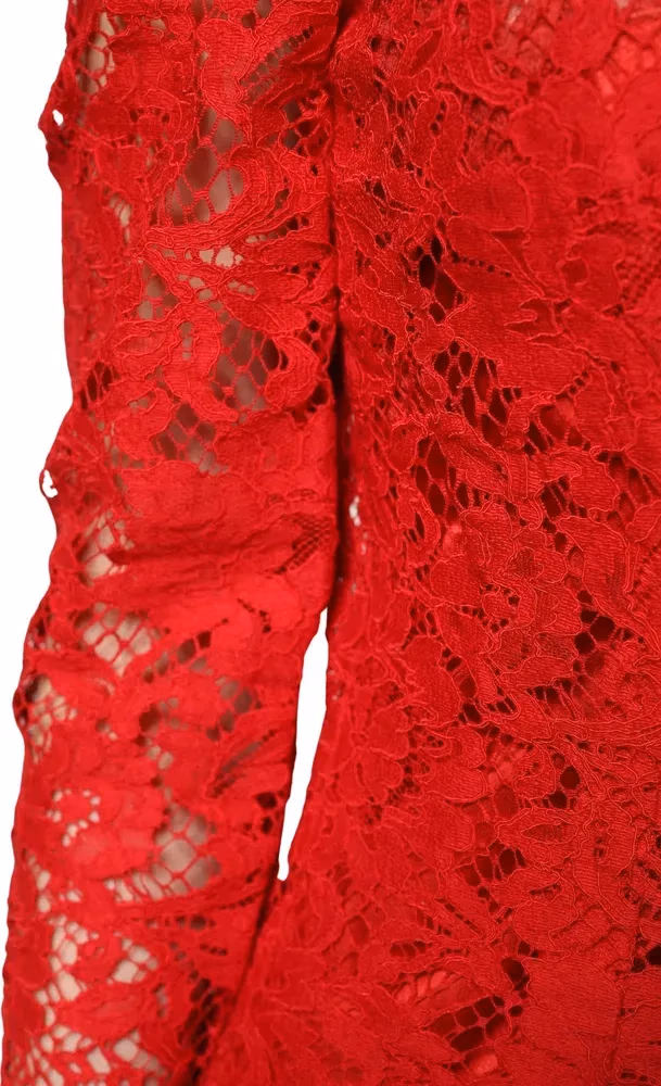 Red Lace Floral Embroidery Long Sleeves Top