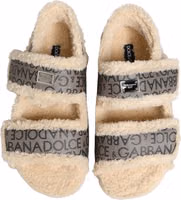 Beige Faux Fur Logo Print Flats Sandals Shoes 3