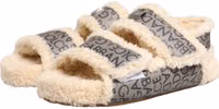 Beige Faux Fur Logo Print Flats Sandals Shoes 4