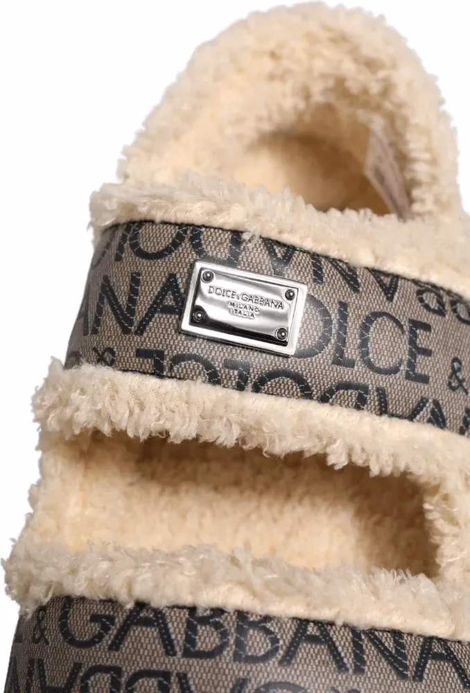 Beige Faux Fur Logo Print Flats Sandals Shoes