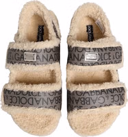 Beige Faux Fur Logo Print Flats Sandals Shoes 3
