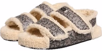 Beige Faux Fur Logo Print Flats Sandals Shoes 4