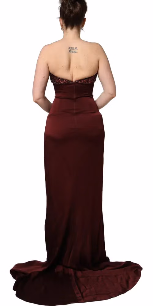 Maroon Embellished Vneck Evening Gown Dress