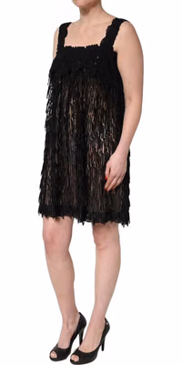 Black Viscose Fringed Sleeveless Mini Dress