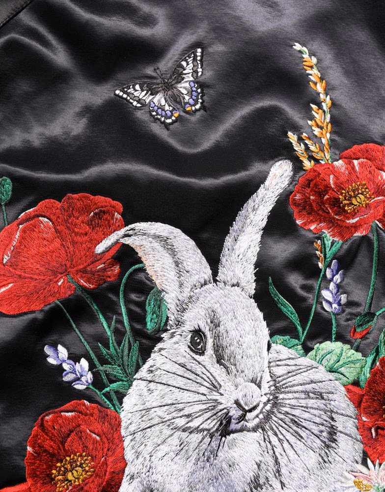 Black Satin Floral Embroidery Bomber Jacket