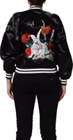 Black Satin Floral Embroidery Bomber Jacket 4