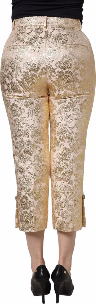Gold Jacquard Floral Lamé Crop Trouser Pants