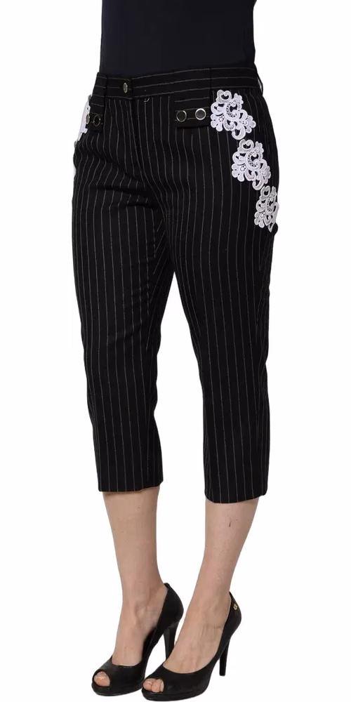 Black Lace Applique Pinstripe Cropped Pants