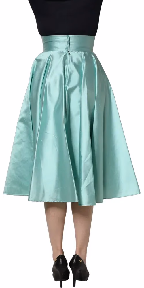 Green Satin High-Waisted Pleated A-line Midi Skirt