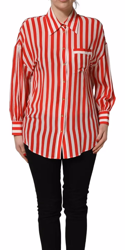 Red White Striped Long Sleeve Silk Blouse Top