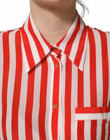 Red White Striped Long Sleeve Silk Blouse Top 4