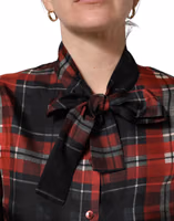 Red Black Plaid Silk Tie-Neck Blouse Top 2