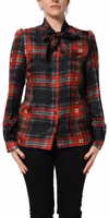 Red Black Plaid Silk Tie-Neck Blouse Top 4