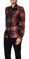 Red Black Plaid Silk Tie-Neck Blouse Top 5