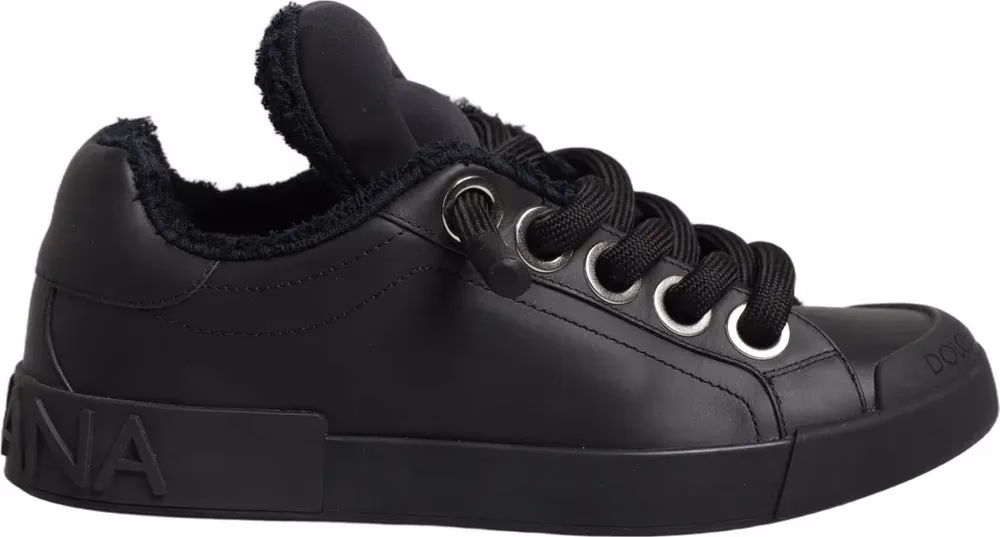 Black Leather Low Top Portofino Sneakers Shoes
