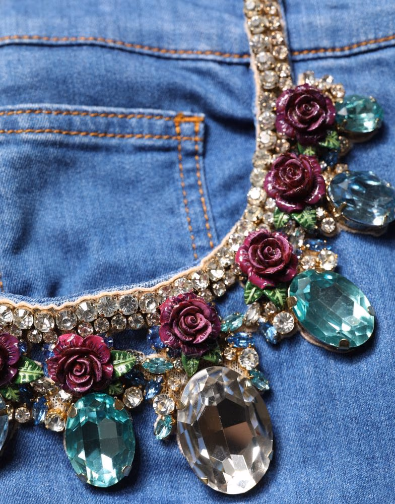 Blue Cotton Embellished BermudaDenim Shorts