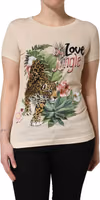 Beige Jungle Print Cotton Round Neck T-Shirt 2