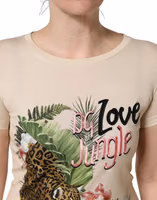 Beige Jungle Print Cotton Round Neck T-Shirt 5