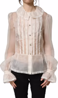 White Ruffled Sheer Silk Buttoned Blouse Top 2